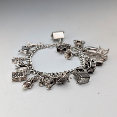 British vintage sterling silver charm bracelet 48g